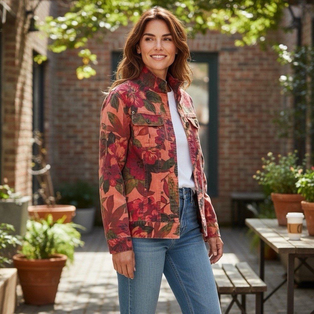 Chicos Size 2 Red Pink Green Floral Open Front Jacket Womens Size Large‎